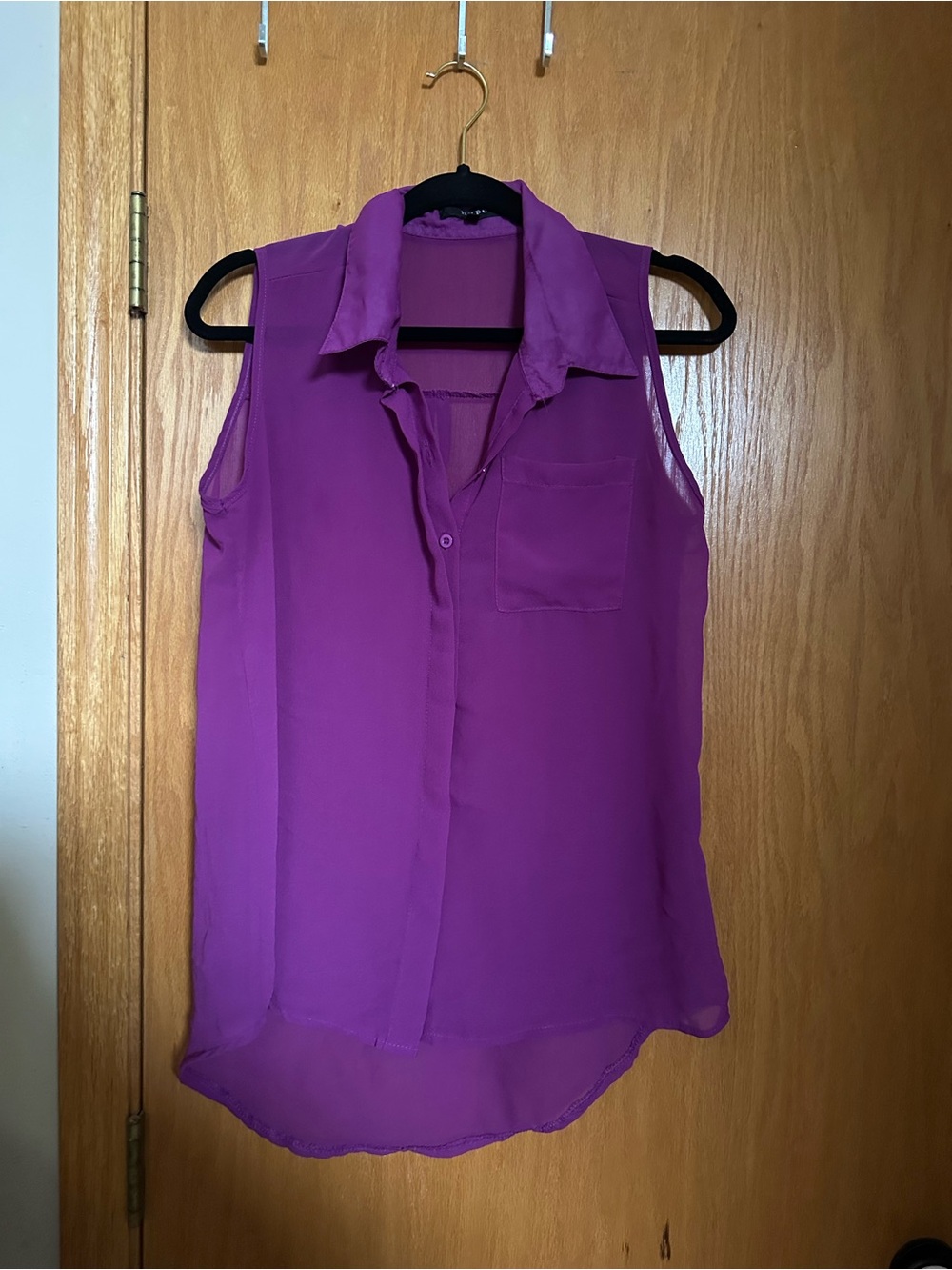 Sleeveless Purple Collared Sheer Button-Front Blouse